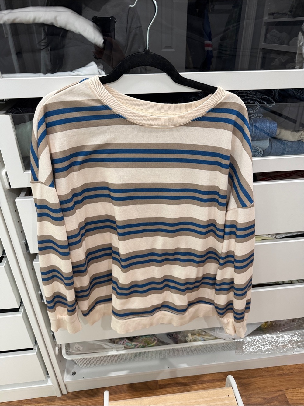 Oversized Striped Crewneck Sweater in Beige and Blue